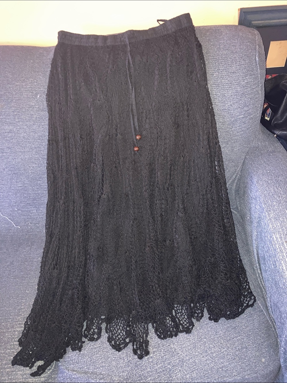Vintage Black Crochet Maxi Skirt with Drawstring Waist